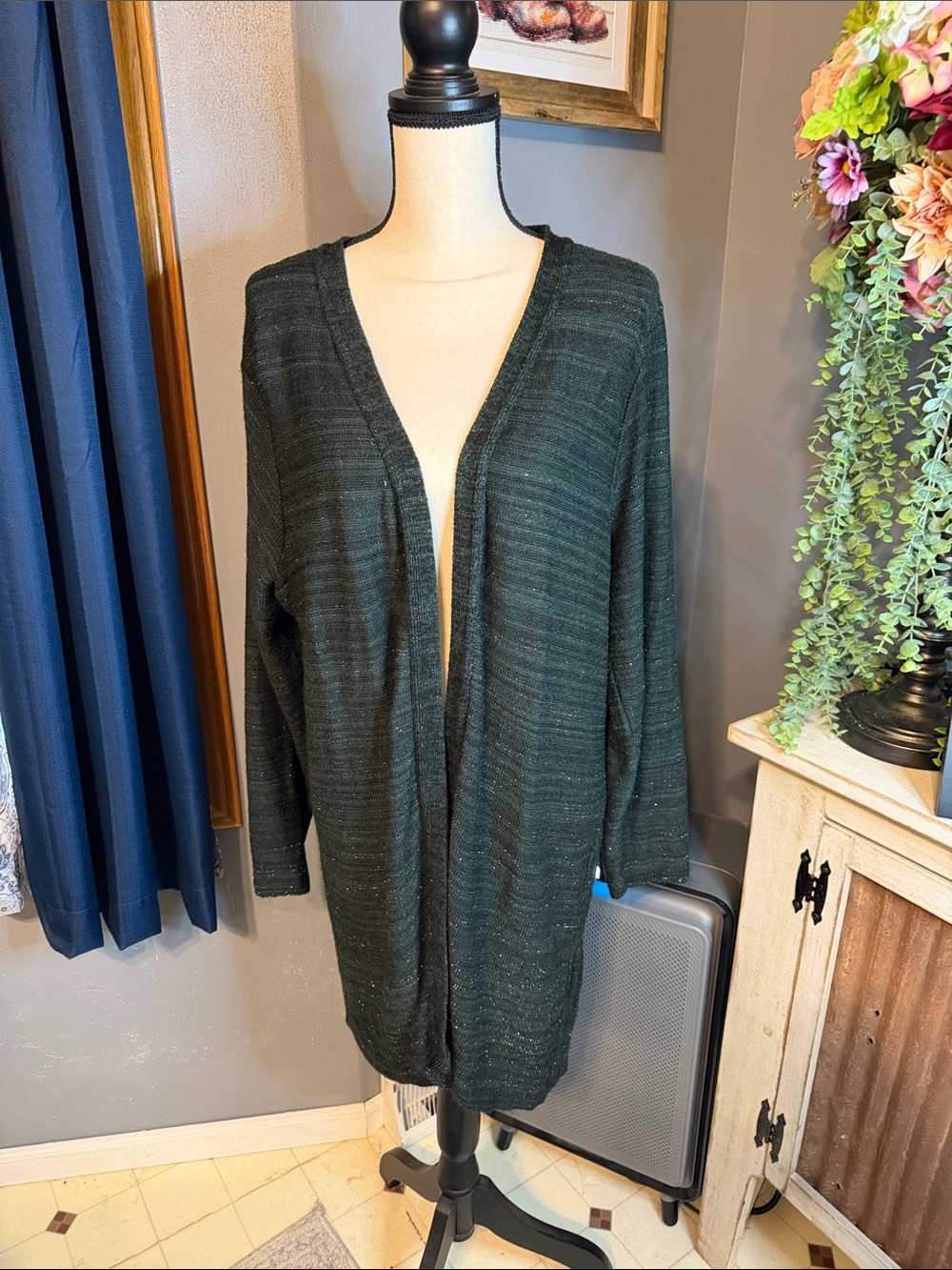 CJ Banks Dark Green Open-Front Women's Cardigan Sweater